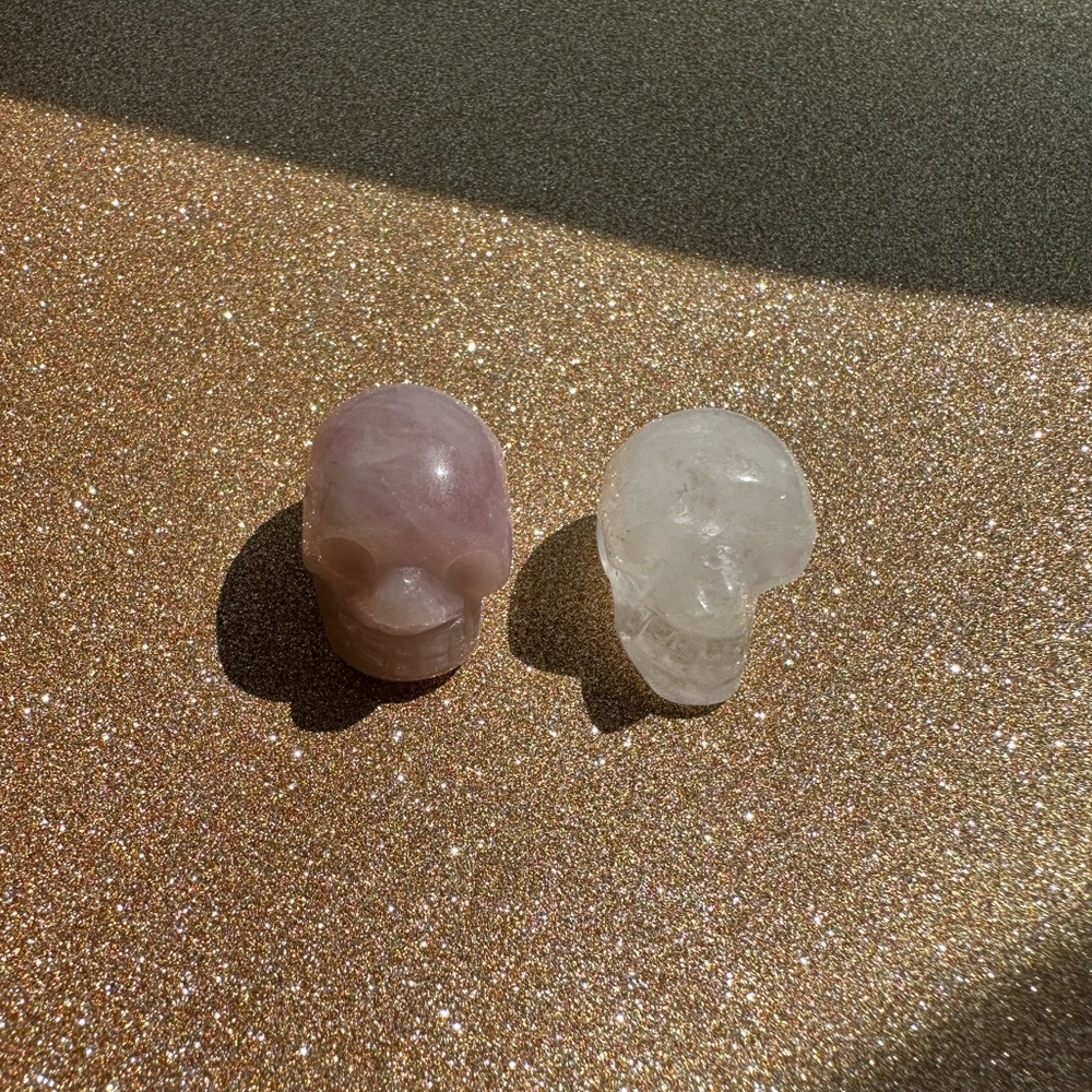 Clear quartz and rose quartz mini skulls! Dime size! Halloween!